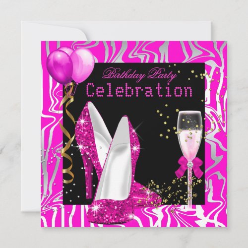Hot Pink Gold silver Glitter Zebra Black Party Invitation