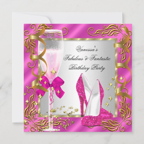 Hot Pink Gold Silver Womens Birthday Party Invitation