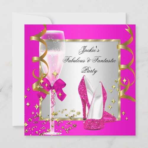 Hot Pink Gold Silver Womens Birthday Party Invitation