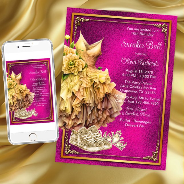 Hot Pink Gold Sneaker Ball  Invitation (Hot pink gold sneaker ball invitation. Instant download and printed invitations available.)