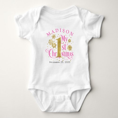 Hot pink gold Snowflakes Baby Girl 1st Christmas  Baby Bodysuit