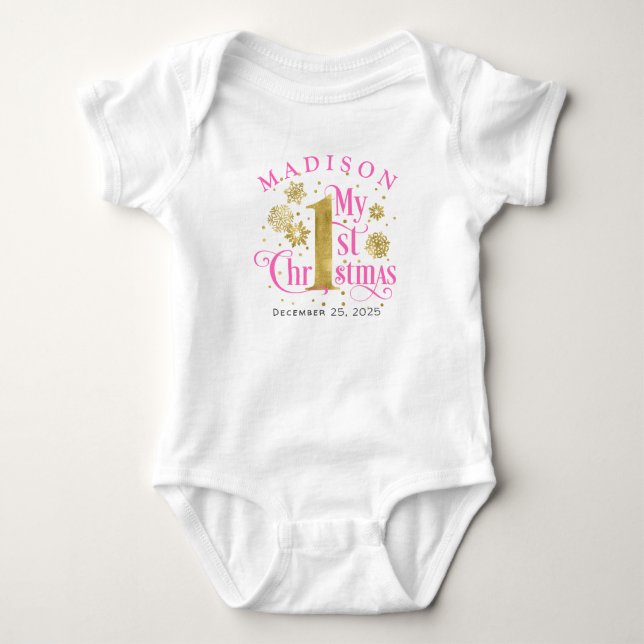Hot pink gold Snowflakes Baby Girl 1st Christmas  Bodysuit (Front)