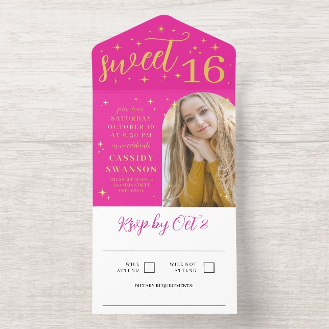 Hot Pink Gold Stars Flares Arch Photo Sweet 16 All In One Invitation (Inside)