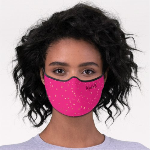 Hot Pink Gold Stars Personalized Name Monogram Premium Face Mask