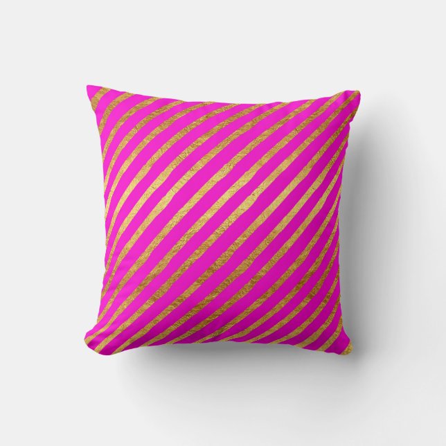 Hot Pink Gold Stripe Faux Foil Metallic Stripes Throw Pillow (Front)