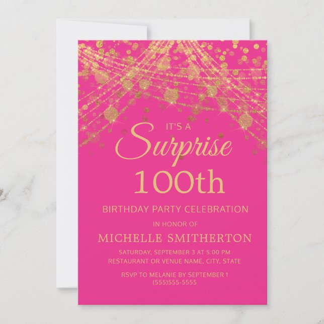 Hot Pink Gold Surprise 100th Birthday Invitation (Front)