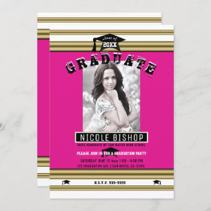 Hot Pink Gold White Elegant Photo Graduation Party Invitation