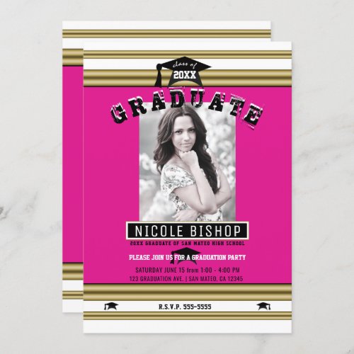 Hot Pink Gold White Elegant Photo Graduation Party Invitation