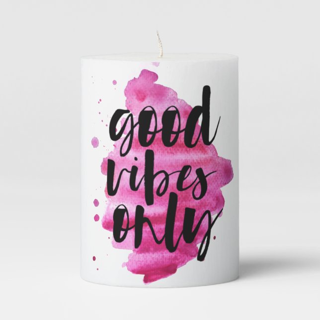 hot pink good vibes only brush script pillar candle (Front)