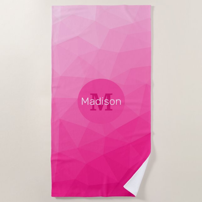 Hot pink Gradient Geometric Mesh Pattern Monogram Beach Towel (Front)