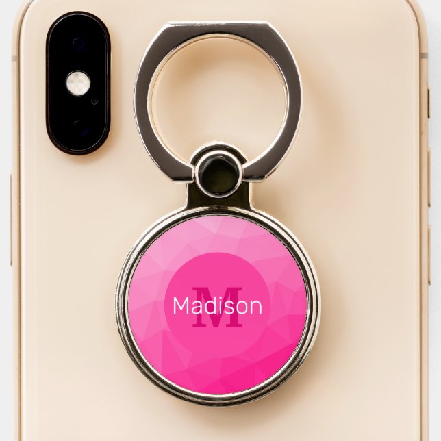 Hot pink Gradient Geometric Mesh Pattern Monogram Phone Ring Stand (Close Up)