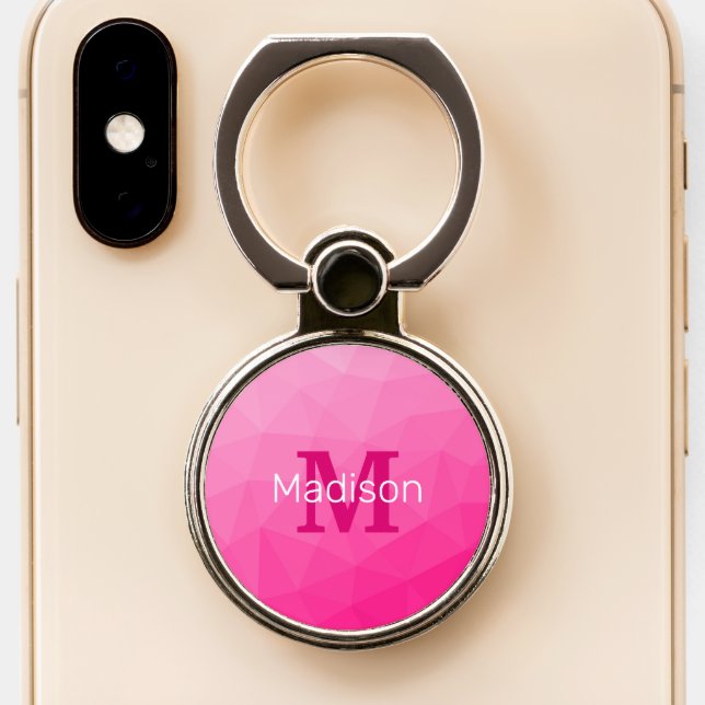 Hot pink Gradient Geometric Mesh Pattern Monogram Phone Ring Stand (Close Up)