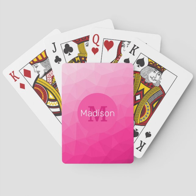 Hot pink Gradient Geometric Mesh Pattern Monogram Poker Cards (Back)