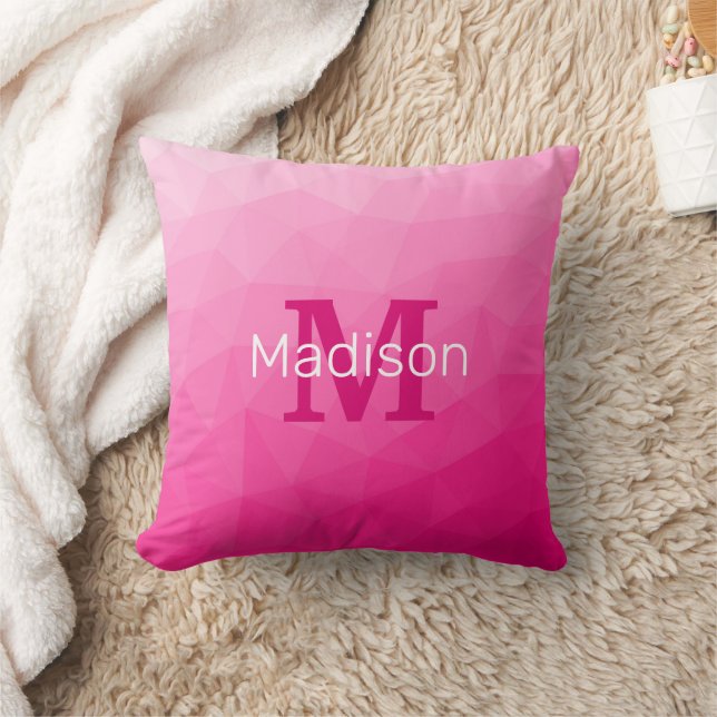 Hot pink Gradient Geometric Mesh Pattern Monogram Throw Pillow (Blanket)