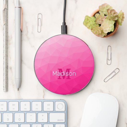 Hot pink Gradient Geometric Mesh Pattern Monogram Wireless Charger (Desk)