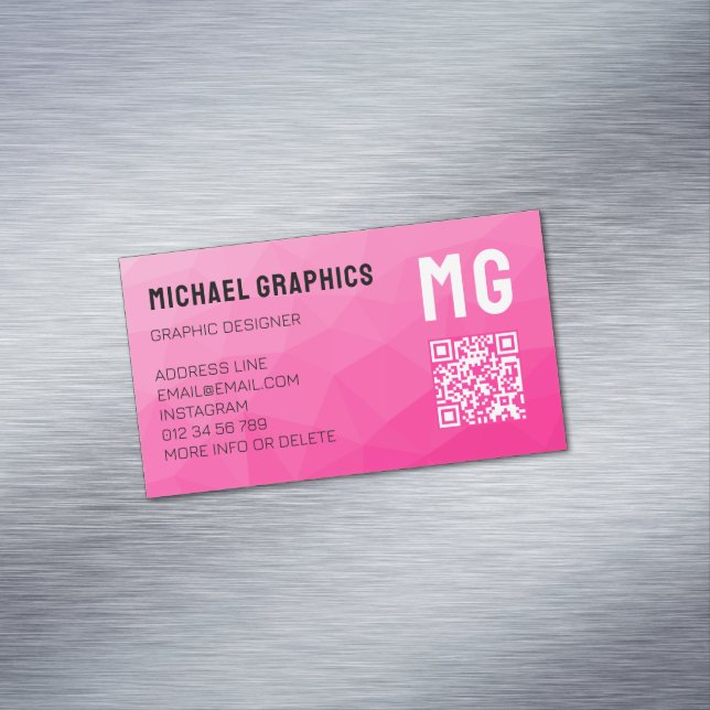 Hot pink gradient geometric mesh pattern QR code Business Card Magnet (In Situ)