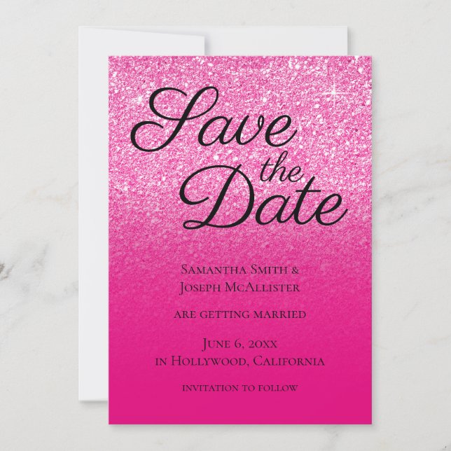Hot Pink Gradient Glitter Save The Date (Front)