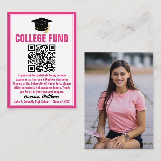 Hot Pink Graduate Photo College Fund QR Code Enclosure Card (Front/Back)