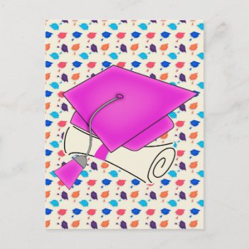 Hot Pink Graduation Cap And Diploma  Colorful Cap Announcement Postcard by toots1 at Zazzle