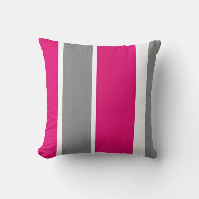 Hot Pink Gray and White Stripes Modern Throw Pillow (Front)