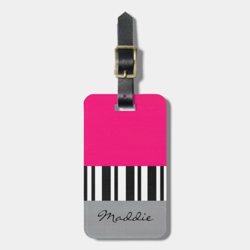 Hot Pink Gray Black and White Striped Block   Luggage Tag