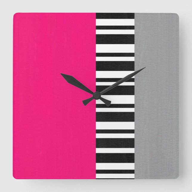 Hot Pink Gray Black and White Striped Block Square Wall Clock (Front)