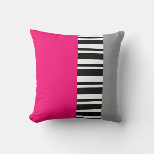 Hot Pink Gray Black and White Striped Block Throw Pillow