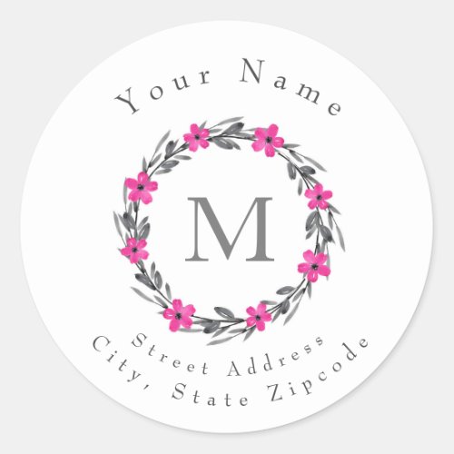Hot Pink Gray Black Floral Wreath Labels