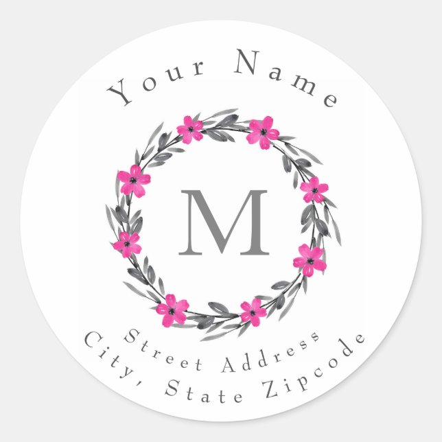 'Hot Pink Gray Black Floral Wreath' Labels (Front)