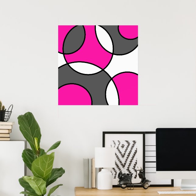 Hot Pink Gray Black White Abstract Circles  Poster (Home Office)