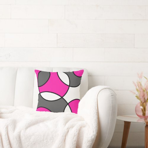 Hot Pink Gray Black White Abstract Circles  Throw Pillow