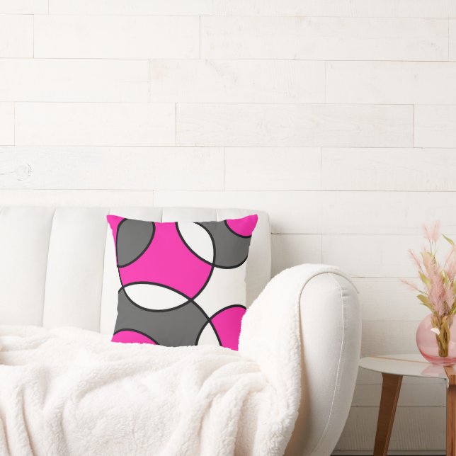 Hot Pink Gray Black White Abstract Circles  Throw Pillow (Couch)