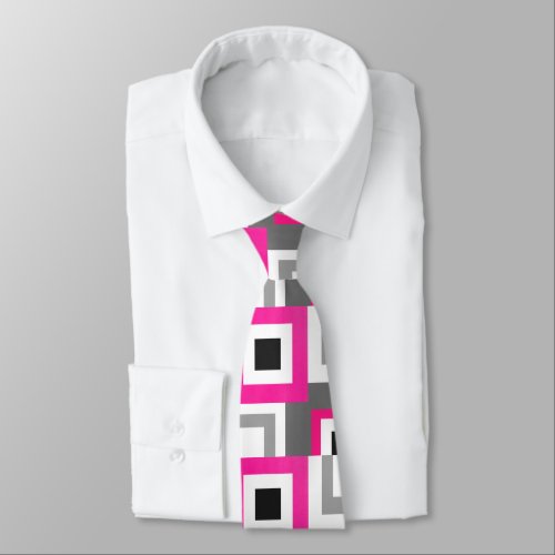 Hot Pink Gray Black White Color Block Pattern Neck Tie