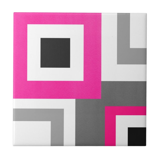 Hot Pink Gray Black White Geometric Block Ceramic Tile (Front)