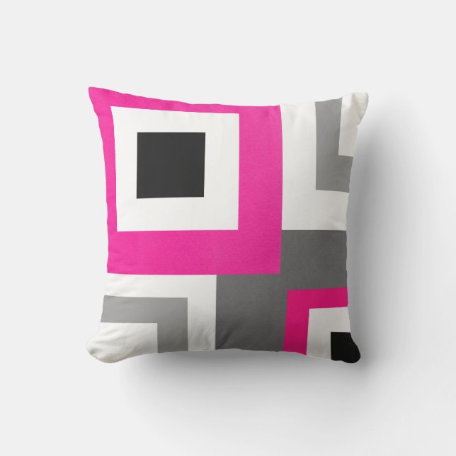 Hot Pink Gray Black White Geometric Squares Throw Pillow (Front)