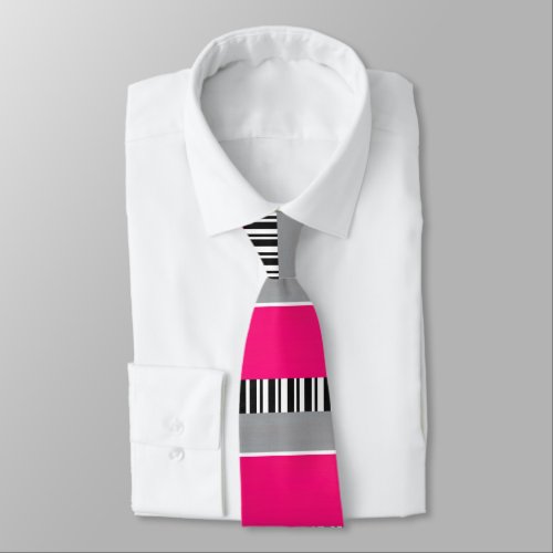 Hot Pink Gray Black White Striped Block Pattern Neck Tie