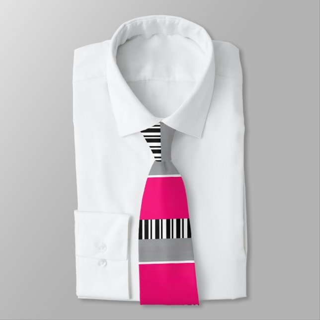 Hot Pink Gray Black White Striped Block Pattern Neck Tie (Tied)