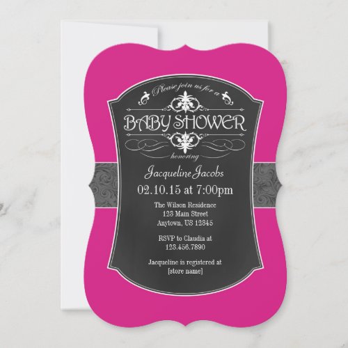 Hot Pink Gray Chalkboard Baby Shower Invitation