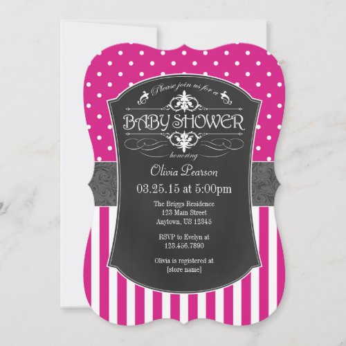 Hot Pink Gray Chalkboard Stripes Baby Shower Invitation