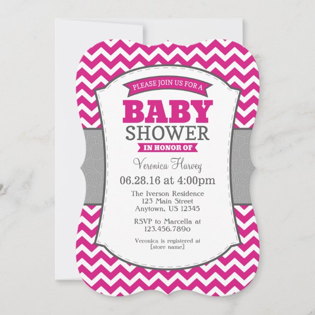 Hot Pink Gray Chevron Baby Shower Invitation (Front)