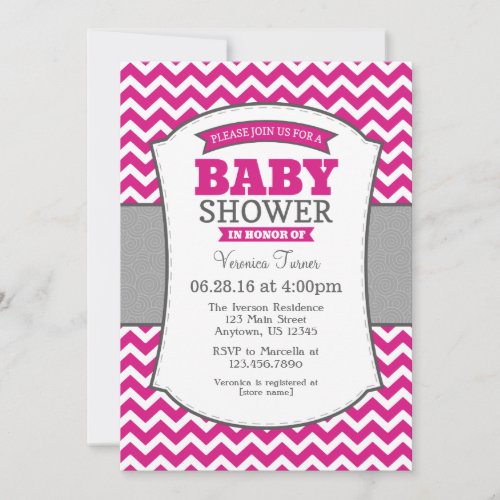 Hot Pink Gray Chevron Baby Shower Invitation