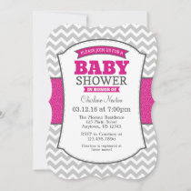 Hot Pink Gray Chevron Baby Shower Invitation