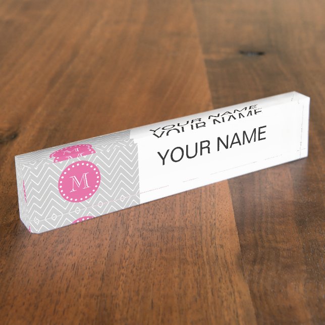 Hot Pink, Gray Chevron | Your Monogram Name Plate (Side)