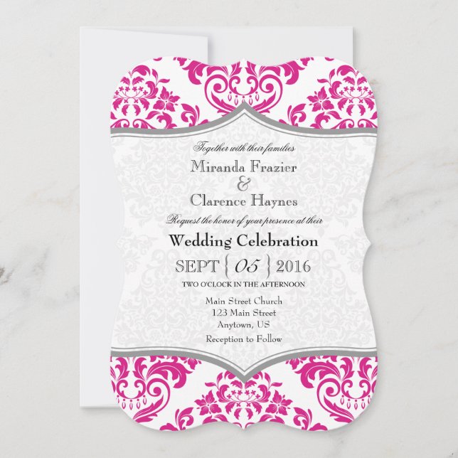 Hot Pink Gray Damask Bracket Wedding Invite (Front)