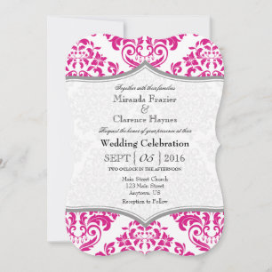 Hot Pink Gray Damask Bracket Wedding Invite