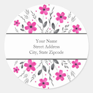 Hot Pink Gray Five Petal Watercolor Floral Motif Classic Round Sticker