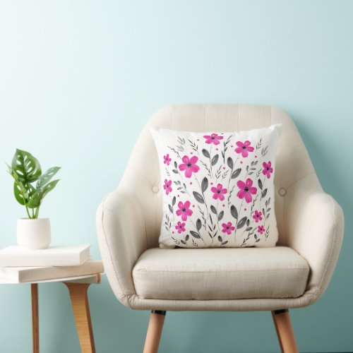 Hot Pink Gray Five Petal Watercolor Floral Motif Throw Pillow