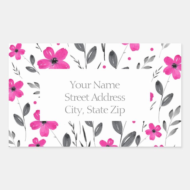 Hot Pink, Gray Five Petal Watercolor Flower Motif Rectangular Sticker (Front)