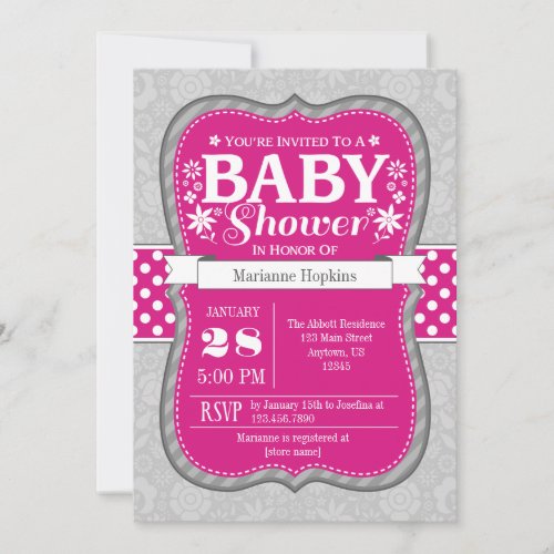Hot Pink Gray Floral Flower Baby Shower Invitation