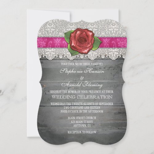 Hot Pink Gray Rustic Wood Rose Wedding Invite